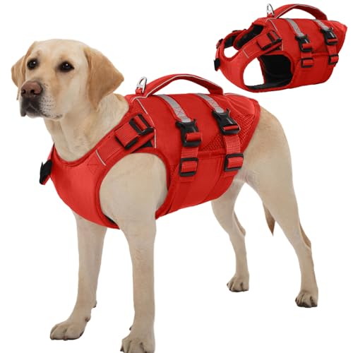 Kuoser Schwimmweste Hund Große, Rettungswesten für Hunde Schwimmweste mit Griff und Reflektierend, Verstellbar Hundeschwimmweste, Schwimmweste für Große Hunde mit Verbesserter Auftrieb, Rot XL Kuoser Schwimmweste Hund Große, Rettungswesten für Hunde Schwimmweste mit Griff und Reflektierend, Verstellbar Hundeschwimmweste, Schwimmweste für Große Hunde mit Verbesserter Auftrieb, Rot XL von Kuoser