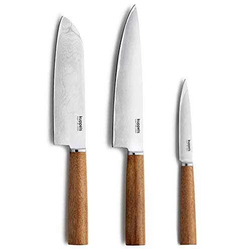 Kuppels EXPERT Profi Damastmesser Set, 3-teiliges Messerset, Kochmesser Set mit Holzgriff, Damaszener Stahl, Mit Kochmesser, Santoku Messer & Allzweckmesser von Kuppels