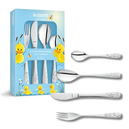 Kuppels Kinderbesteck Set Duck 4-teilig | Neue Auflage | Kindermesser, Kindergabel, Esslöffel, Teelöffel | Edelstahl rostfrei & Hochglanzpoliert | Spülmaschinenfest | Geprägtes Kinder Besteckset von Kuppels