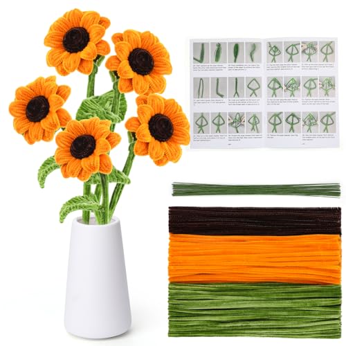 Pfeifenreiniger Blumen, Sonnenblumen-Pfeifenreiniger-Set, Chenille-Stiele, Sonnenblumen-Blumenstrauß-Set mit Video-Tutorials zum Blumenstraußmachen, Heimdekoration (5 Sonnenblumen) von Kuppt