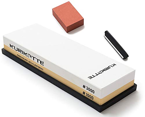XXL Wetzstein Set - extra großer Messer Schleifstein (Körnung 1000/3000) inklusive Winkelhilfe, Reinigungsstein, Silikonhalter von Kurikatte