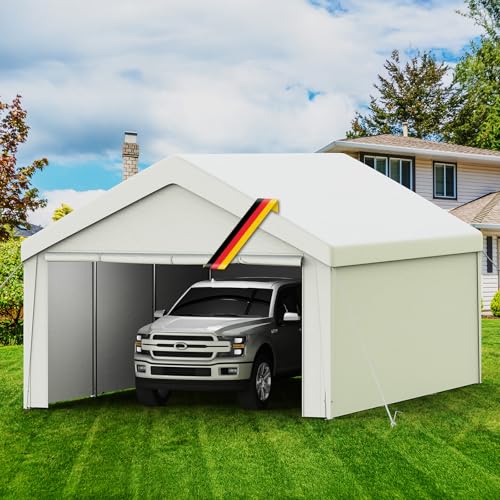 Carport Zeltgarage 4x6m – Wasserdichtes Garagenzelt mit abnehmbaren Seitenwänden – UV-beständig Winterfest Unterstand für Auto, SUV, LKW, Boot – Lagerzelt Weidezelt Garten Garage, Weiß von Kuro-sagol