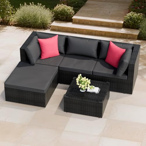 Rattan Gartenmöbel Set für 6–7 Personen – Modulares Loungeset mit Stauraum, Sitzgruppe Outdoor mit Tisch aus Sicherheitsglas & 7 cm Kissen, wetterfeste Sitzgarnitur für Garten Terrasse Balkon von Kuro-sagol