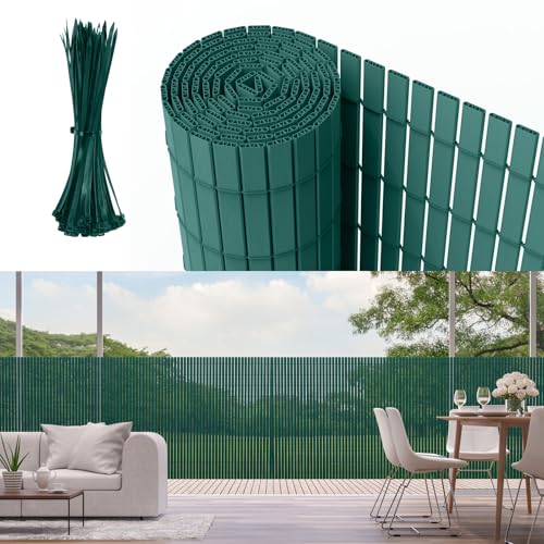 Sichtschutzmatte PVC Sichtschutzzaun mit verstärkten Lamellen 90x500cm Balkon & Garten Sichtschutz ohne Bohren, wetterfest & blickdicht, inkl. Kabelbinder, Windschutz für Terrasse, Grün von Kuro-sagol