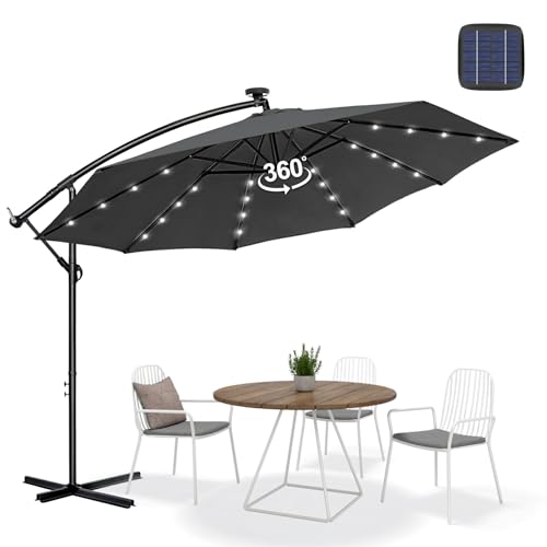 Sonnenschirm Ø350 cm mit LED | Ampelschirm Gartenschirm UV-Schutz & wasserdicht | Kurbelschirm Marktschirm 360° drehbar & windstabil | Sonnenschutz für Garten & Terrasse – Anthrazit von Kuro-sagol