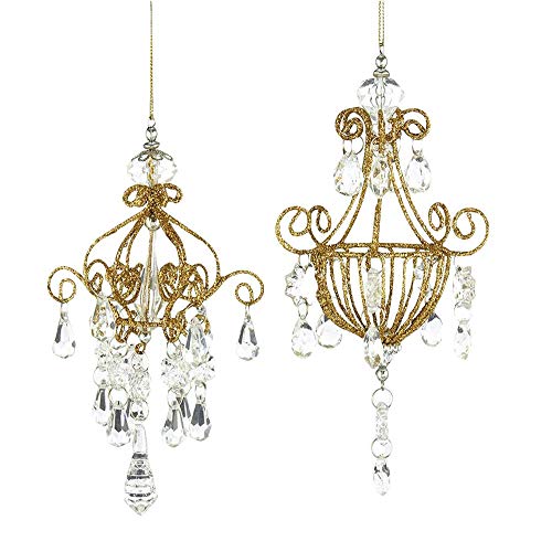 Kurt Adler IRON GOLD GLITTER CHANDELIER WITH CLEAR JEWEL DROP ORNAMENT - 2 ASSORTED von Kurt Adler