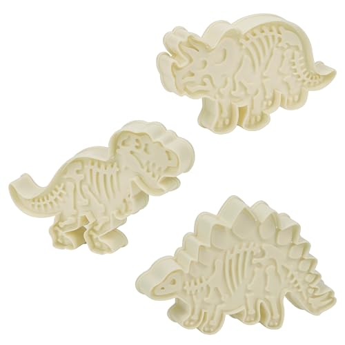 Kurtzy Dinosaurier Skelett Ausstechformen Set (3er Pack) - Weiße Acryl Triceratops, T-Rex und Stegosaurus Ausstecher Set für Kuchen Dekorieren, Gebäck, Fondant, Keksausstecher für Kinder von Kurtzy