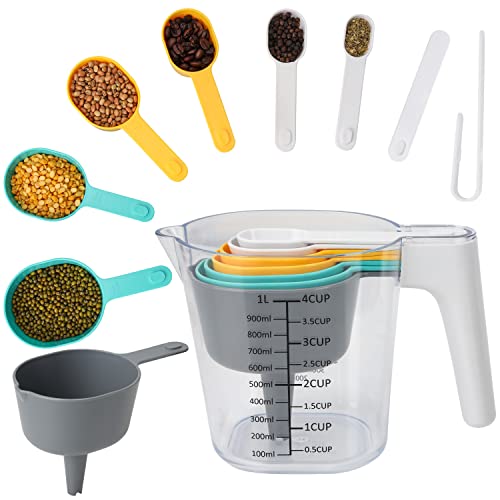 Kurtzy 10 Stk Messlöffel & Messbecher Set - Messbecher 1L & 6 Messlöffel - BPA-Freies Kunststoff Küchenutensilien Set - Stapelbare Messbecher zum Kochen/Backen für Flüssige, Feste & Trockene Zutaten von Kurtzy