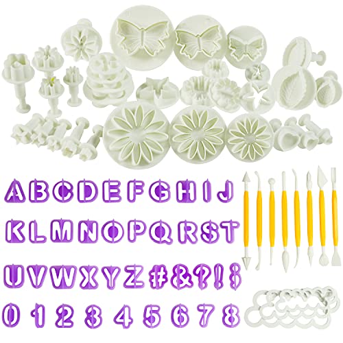 Kurtzy 84er Set Fondant Ausstecher mit Fondant Modellierwerkzeug – Wiederverwendbare Zahlen & Buchstaben Ausstecher für Fondant, Zuckerguss & Backen – Blumen-, Schmetterling-, Stern- & Blattform von Kurtzy