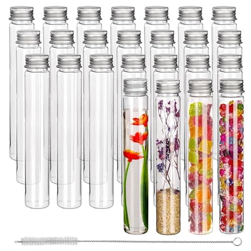 Kurtzy Reagenzglas Kunststoff Reagenzgläser mit Schraubverschluss & Reinigungsbürste (25er Pack) 110ml Wiederverwendbare Transparente Kunststoff Reagenzgläser für Süßigkeiten, Wissenschaft, Perlen von Kurtzy