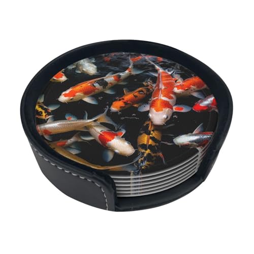Japan Fancy Koi Karpfen Fische Druck Leder Untersetzer Set von 6 Wasserdicht Hitzebeständige Getränkeuntersetzer Runde Tasse Matte mit Halter für Wohnzimmer Küche Bar Kaffee Dekor von Kururi