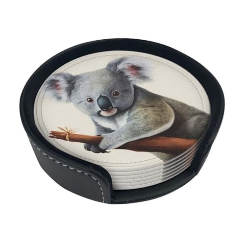 Koala und Schmetterling Print Leder Untersetzer 6er Set Wasserdicht Hitzebeständig Getränkeuntersetzer Runde Tasse Matte mit Halter für Wohnzimmer Küche Bar Kaffee Dekor von Kururi