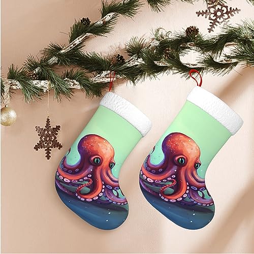 Kururi Weihnachtsstrumpf mit niedlichem Oktopus-Druck, Weihnachtsschmuck, Kamin, hängende Weihnachtssocken für Familie, Urlaub, Weihnachten, Party, Dekorationen, 45 cm von Kururi