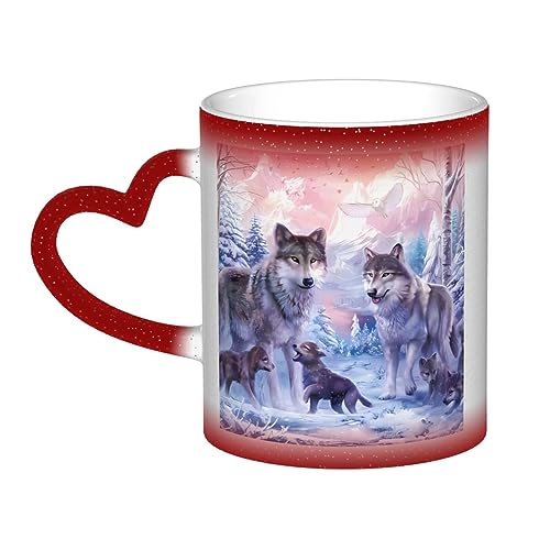 Kururi Wölfe Familie Druck Farbwechsel Tasse Sternennacht Hitzeempfindliche Tasse Magische Teetasse Kaffeetasse für Frauen Mädchen Geschenk von Kururi