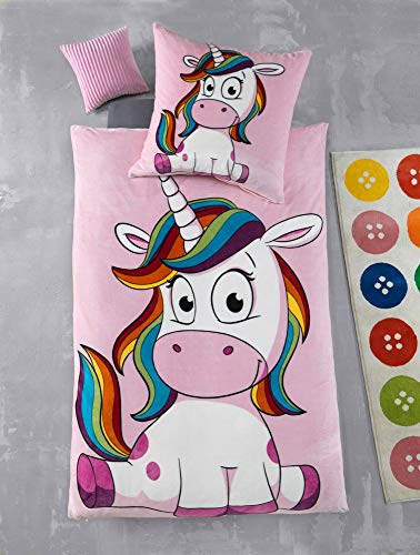 Kuscheli® Cashmere Touch Plüsch Kinderbettwäsche Mädchen Einhorn Kinder Bettwäsche Winter Fleece Set Kissenbezug rosa pink Pferde, Größe:135x200 + 80x80 von Kuscheli