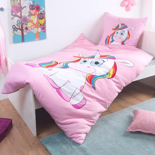 Kuscheli® Kinderbettwäsche Mädchen Einhorn Bettwäsche Set Unicorn Pony passend für Kinder Bettdecken 135x200 + Kissenbezug 80x80 rosa pink Pferde, Design - Motiv:Design 1 von Kuscheli