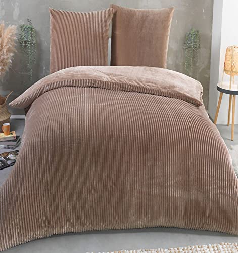 Kuscheli® Winter Wende Plüsch Bettwäsche 135 x 200 od. 155 x 220 mit 80x80 Kissenbezug Cashmere-Touch Coral Fleece Deckenbezug, Farbe:Taupe, Größe:155x220 + 80x80 von Kuscheli