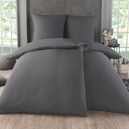 Kuscheli 4 teilig Dreamhome Uni fein Seersucker Wende Bettwäsche Bettbezug für Bettdecke Kissenbezug 80x80, Farbe:Grau, Größe:2X 135x200 + 2X 80x80 cm von Kuscheli