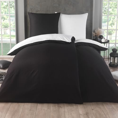 Kuscheli 4 teilig Dreamhome Uni fein Seersucker Wende Bettwäsche Bettbezug für Bettdecke Kissenbezug 80x80, Farbe:SCHWARZ-WEIß, Größe:2X 135x200 + 2X 80x80 cm von Kuscheli