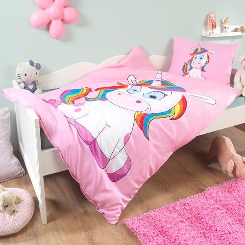 Kuschelige Einhorn Baby Kinder Bettwäsche 100x135 Set Mädchen Kinderbettwäsche Unicorn Pferde Pony Kissenbezug 40x60 rosa pink, Modell:Design 1 von Kuscheli