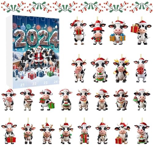 Kustimantu Weihnachtsornament Adventskalender | 24 Türchen Hängbare Kuh Deko Countdown Kalender - 2D Acryl Festtagsanhänger für Lehrer Gemeindemitglieder Familienbindung Klassenraum Jugendliche von Kustimantu