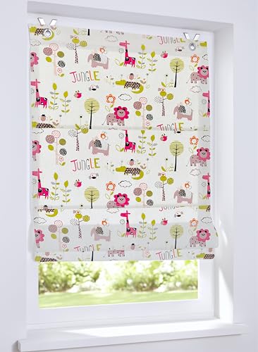 Buntes Ösenrollo Safari, Kinderraffrollo mit Tiermotiv, lichtfilternd und Blickdicht in der Größe 80 x 130 cm von Kutti