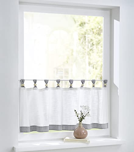 Cottage Scheibengardine Bistrogardine weiß grau kariert mit Schlaufen und Holzkugeln,Reine Baumwolle, Landhaus-Gardine Küche, Breite 120 cm x Höhe 50 cm von Kutti
