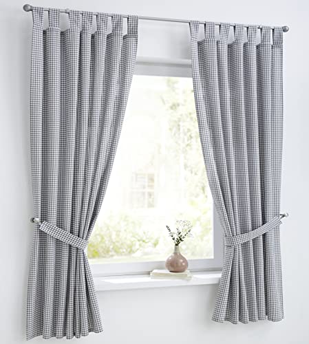 Cottage Vorhang und Raffhalter weiß grau kariert mit Schlaufen,Reine Baumwolle, Landhaus-Gardine Küche Breite 110 cm x Höhe 175 cm (1 STK) von Kutti