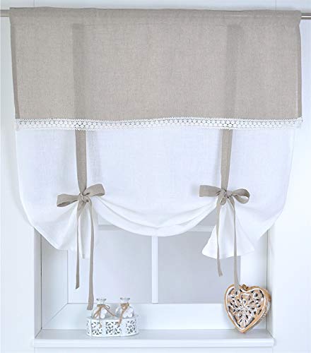 Raffgardine Venezia 100% Leinen Weiss Natur Landhaus Borte Schleifen romantisch (60 x 100 cm, Weiss) von Kutti