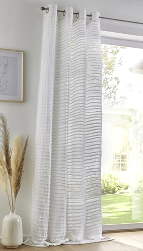 Kutti Vorhang Crinkle weiß mit Ösen Musselin Baumwolle/Polyester weich luftig lichtdurchlässig Streifen Landhaus natürlicher Look bügelfrei 140 x 225 cm (1 Stück) von Kutti