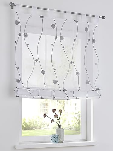 Nelly grau Raffrollo mit Schlaufen modern Bestickt Raffgardine halbtransparent, Polyester, pflegeleicht, B x H 60 x 140 cm von Kutti