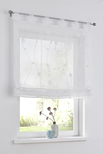 Nelly weiß Raffrollo mit Schlaufen modern Bestickt Raffgardine halbtransparent, Polyester pflegeleicht in der Größe 45 x 140 cm von Kutti