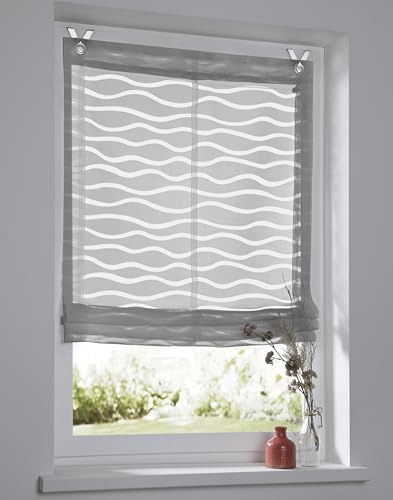 Raffrollo Enya grau mit Ösen Raffgardine Ausbrenner Welle halbtransparent B 80 x H 140 cm von Kutti