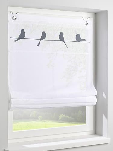 Raffrollo Gravelot mit Vogelmotiv in grau - Halbtransparentes Ösenrollo für Fenster in der Größe 60 x 140 cm, Montage ohne Bohren von Kutti