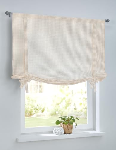 Raffrollo Raffgardine Schleife Cottage weiß beige Natur Landhaus Vorhang Tunnelzug Baumwolle kariert Blickdicht Breite 60 cm x Höhe 100 cm von Kutti