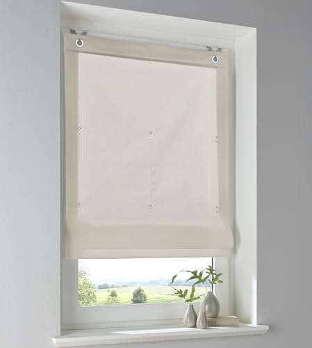 Raffrollo Stig aus 100% Baumwolle in Natur einfarbig, Blickdicht, Montage ohne Bohren, mit Fensterhaken, Breite 80 x Höhe 140 cm von Kutti