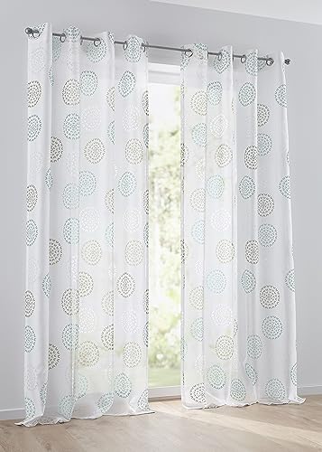 Vorhang Bella mit Ösen Gardine halbtransparent weiß Rose türkis Kreis Motiv Breite 135 x Höhen 145/175/225/245 cm (1 Stück) (135 x 145 cm, türkis) von Kutti