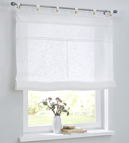 Woody weißes Raffrollo Raffgardine mit Schlaufen und Holzkugeln,Reine Baumwolle, Landhaus-Gardine Küche, Leinen-Optik, Breite 100 cm x Höhe 140 cm von Kutti