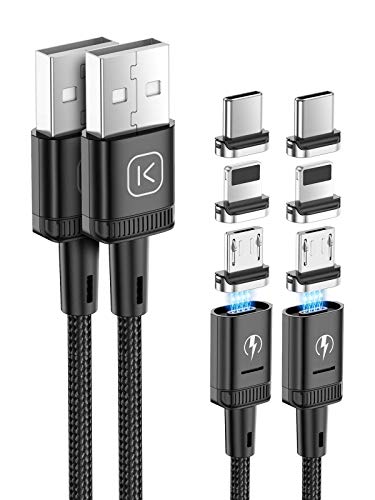 Kuulaa 3-in-1-Magnetladekabel, 3A-Schnellladekabel aus Nylon, geflochten mit LED Light Magnetic USB Ladekabel für Micro-USB, Typ C-Geräte und iProducts (Schwarz, 2 Pack 1M+1M) von Kuulaa