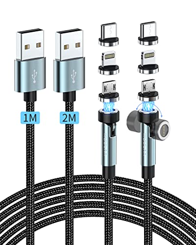 Kuulaa Magnetisches Ladekabel, 3 in 1 Magnetisches Ladekabel, 360°&180°Magnetkabel,3A Schnelllade & Datenübertragungs Ladekabel Magnetisch für Micro USB/Typ C/iProducts/Huawei (1M+2M) von Kuulaa