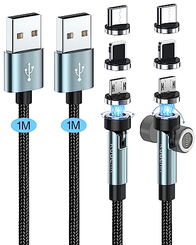 Kuulaa Magnetisches Ladekabel - 3 in 1 Magnet [2Stück, 1M+1M], 360°&180° Rotation, 3A Schnelllade & Datenübertragung für Typ C/Micro USB/i-Products von Kuulaa