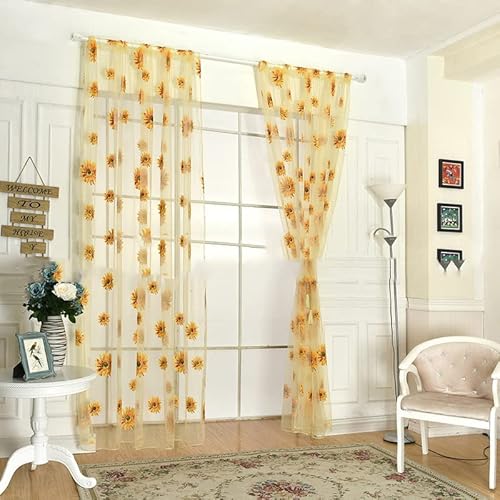Kuuleyn Sonnenblume Vorhänge, Fenster Tüll Vorhang, Sonnenblumen Muster Vorhang Heim Dekoration Polyester Faser Fenster Tüll Vorhang Blume Organza Vorhang(100 * 200-Gelb) von Kuuleyn