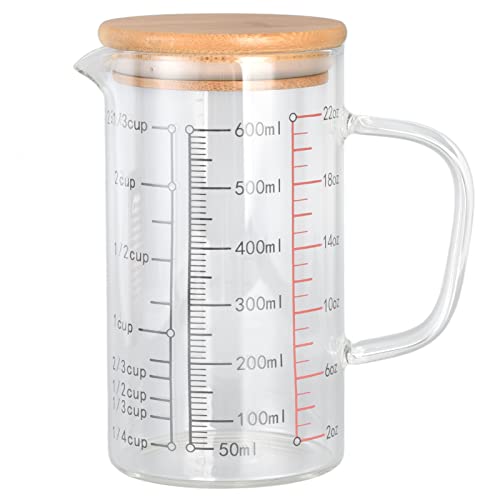 Messbecher Glas,Messbecher, V-Förmige Düse, Klare Skala, Bequemer Griff, Kaffeetassen Aus Borosilikatglas Mit Bambusdeckel Für Küche Oder Restaurant(600ML) von Kuuleyn