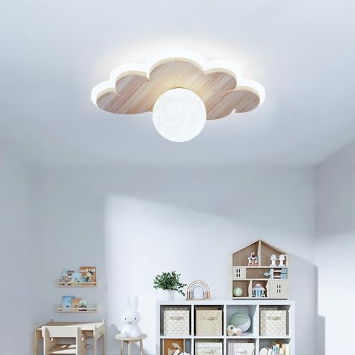 Kuwork LED Deckenleuchte Schlafzimmer Kinderzimmerlampe, 6500K Wolken Deckenlampe LED mit Holz und Sphärisches Design, Kinderzimmer Lampe Decke für Flur Küchen Badezimmer Gang, 26CM 16W von Kuwork