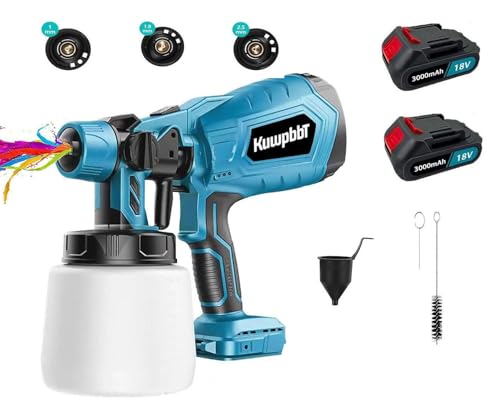 500W Akku-Lackspritzer mit abnehmbarem 1000 ml Lackbehälter, 3 Düsen, 3 Spray-Modi, Durchfluss einstellbar für Gartensitze/Holz/Möbel/Geländer/Heim DIY-Malerei, (2X3000mAh Akku) von KuwpbbT