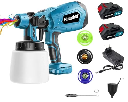500W Akku spritzsystem mit 2X3.0Ah 18V Akku, 3 Düsen und 3 Spraymodi, 1000 ml Behälter für Elektropistolen，Für Möbel und Hausmalerei (Blu) von KuwpbbT