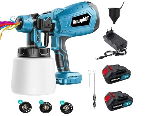 Akku Farbsprühsystem, (2X 3000mAh Akku und Ladegerät), Elektro Lackierpistole mit 3 Düsen, 3 Spritzmuster, mit Abnehmbarem 1000ml-Farbeimer, zum Streichen ﻿ von KuwpbbT