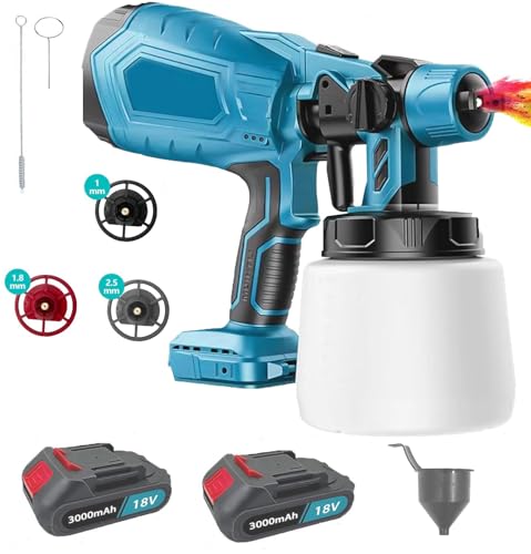 Akku-Farbsprühsystem, Kompatibel mit Makita 18V Akku Mit 3 Sprühmustern und 1.0mm 1,8mm und 2,5mm Düse, für Streichen von Wänden, Decken, Möbeln, Gartenzäunen (enthält Akku x2) ﻿ von KuwpbbT