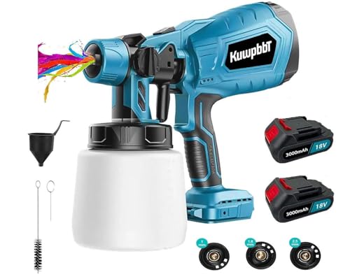Akku Farbsprühsystem,Kompatibel mit Makita 18V Akkus,Kabellos 500w HVLP Lackierpistole Akku,mit 3 Düsen,3 Spritzmuster,1000ml Farbsprühgerät,Verwendet für Innen und Außenbereich(2x3000mAh Akku von KuwpbbT