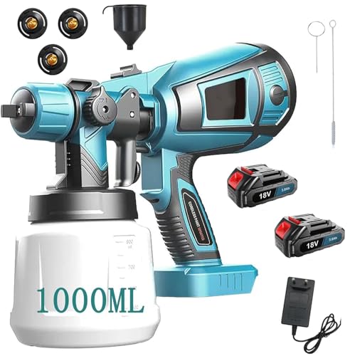 Akku Farbsprühsystem,kompatibel mit Makita 18V Akkus,Kabellos HVLP Sprühpistole Zaun Farbe Sprühmaschine,mit 3 Düsen,3 Spritzmuster,1000ml Farbsprühgerät,für Innen und Außenbereich(2x3000mAh Akku) Akku Farbsprühsystem,kompatibel mit Makita 18V Akkus,Kabellos HVLP Sprühpistole Zaun Farbe Sprühmaschine,mit 3 Düsen,3 Spritzmuster,1000ml Farbsprühgerät,für Innen und Außenbereich(2x3000mAh Akku) von KuwpbbT